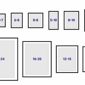 May include: A chart showing different sizes of picture frames. The frames are black with white mats. The sizes are listed in inches, for example, 4x6, 5x7, 6x8, 8x8, 5x10, 8x10, 10x12, 20x24, 16x20, 12x15, and 11x14.