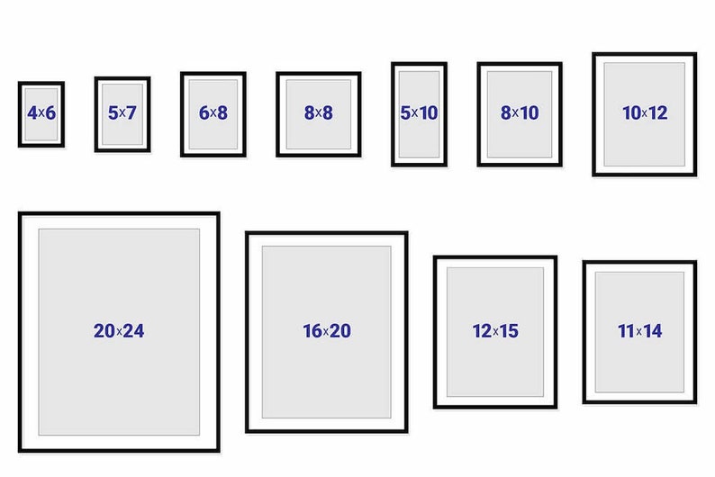 May include: A chart showing different sizes of picture frames. The frames are black with white mats. The sizes are listed in inches, for example, 4x6, 5x7, 6x8, 8x8, 5x10, 8x10, 10x12, 20x24, 16x20, 12x15, and 11x14.
