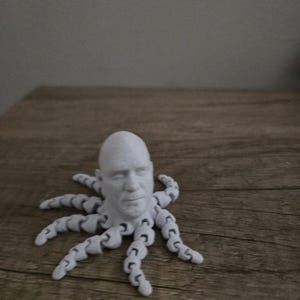 May include: A white 3D-printed octopus figurine with a human face. The octopus has eight articulated tentacles. The figurine is sitting on a wooden surface. The head has detailed facial features.
