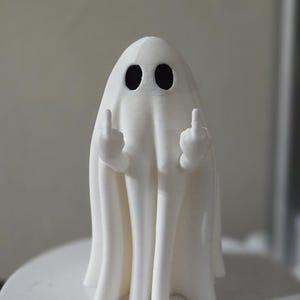 Może przedstawiać: Biała figurka ducha wydrukowana w technologii 3D o gładkim, matowym wykończeniu. Duch ma dwoje dużych, owalnych czarnych oczu i dwie małe rączki wyciągnięte do przodu, przy czym obie dłonie pokazują środkowy palec w wyzywającym geście.