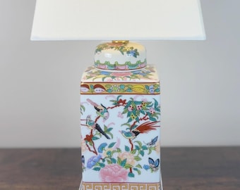 Chinoiserie Rose Canton Porcelain Lamp with Crystal Glass Base Vintage Style Small Decorative Lamp