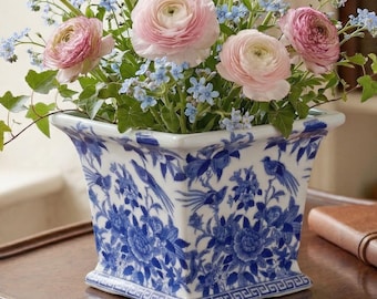 Blue and White Chinoiserie Grandmillennial Porcelain Bird and Floral Planter Cachepot Flower Pot