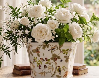 Chinoiserie Bird and Floral Porcelain Planter | Large Decorative Cachepot | Grandmillennial Decor | Statement Centerpiece