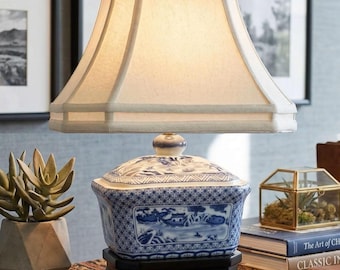 Blue and White Chinoiserie Porcelain Tea Caddy Table Lamp, Canton Willow Pattern