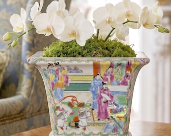 Famille Rose Chinoiserie Square Cachepot Planter | Grandmillennial Orchid Jardinière | Rose Medallion Porcelain | Maximalist