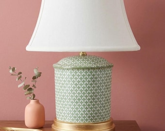 Green and White Fishscale Porcelain Table Lamp Gold Base Chinoiserie Grandmillennial