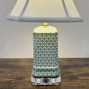 Petite Green and White Porcelain Table Lamp with Glass Crystal Base