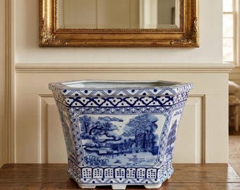 Blue White Porcelain Hexagon Planter Chinoiserie Canton Landscape Cachepot Decorative Oriental Ceramic Plant Pot