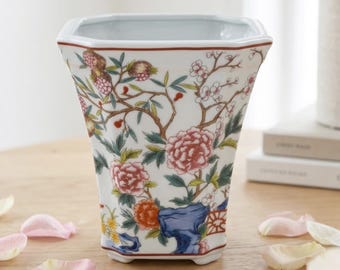 Chinoiserie Peony Porcelain Square Footed Cachepot Large Orchid Planter Grandmillennial Blue White Floral Centerpiece