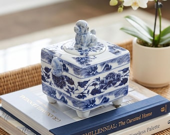 Blue and White Porcelain Square Foo Dog Finial Grandmillennial Chinoiserie Trinket Box | Collectible Gift