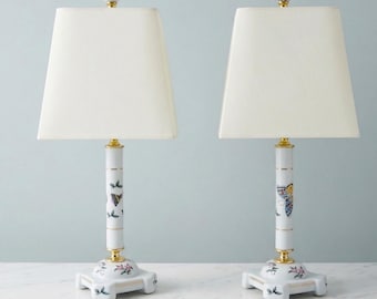 Pair of Chinoiserie Butterfly Porcelain Lamps, Grandmillennial White Ceramic Table Lamps