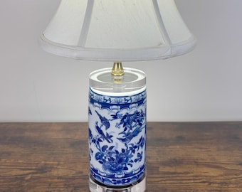 Blue & White Porcelain Table Lamp: Floral Bird Design, Crystal Base