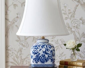 Square Blue and White Porcelain Table Lamp, Chinoiserie Bird Floral Design Asian Console Lamp