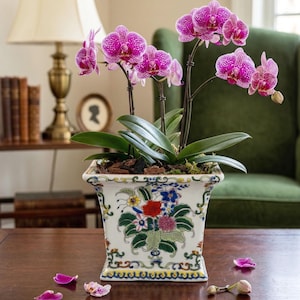 Porcelain Square Planter Chinoiserie Floral Cachepot Decorative Indoor Plant Pot Oriental Table Decor