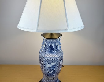 Blue and White Chinoiserie Table Lamp: Hexagonal Porcelain Vase, Vintage Style
