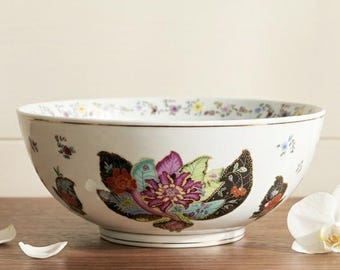 Large Chinoiserie Floral Decorative Bowl Vintage Style Dining Table Centerpiece Decor