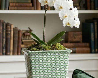 Green Fish Scale Chinoiserie Planter, Grandmillennial Square Porcelain Cachepot, Preppy Home Decor