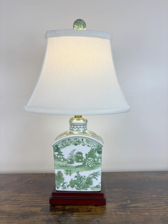 Vintage Style  Chinese Porcelain Table Lamp: Green Landscape Design, Tea Jar Base