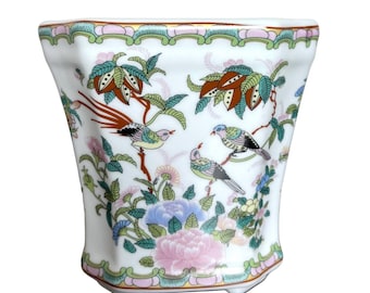 Floral Bird Porcelain Cachepot Planter: Famille Rose Home Decor
