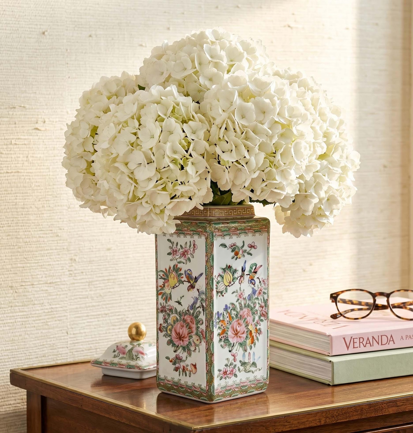 Chinoiserie Famille Rose Porcelain Square Covered Jar Grandmillennial Palm Beach Maximalist Home Decor