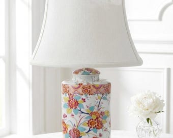 Chinoiserie Floral Porcelain Table Lamp, Solid Glass Crystal Base, Grandmillennial Bedside Lighting