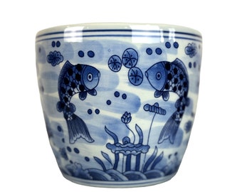 Blue & White Porcelain Bowl Double Fish Design Cachepot Planter