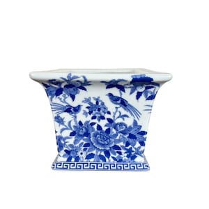 Blue and White Square Porcelain Bird Floral Motif Cachepot Planter Vintage Style