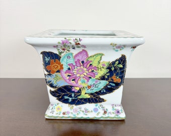 Vintage Style Porcelain Tobacco Leaf Planter: Square Cachepot, Boho Decor