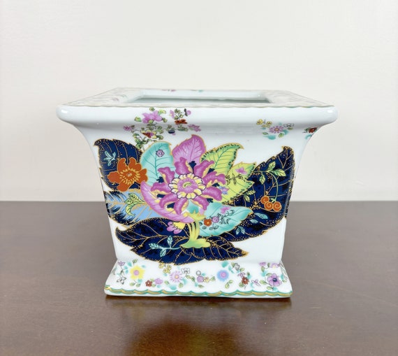 Vintage Style Porcelain Tobacco Leaf Planter: Square Cachepot, Boho Decor