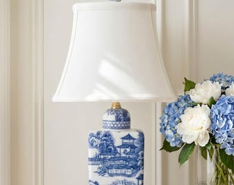 Blue and White Chinoiserie Table Lamp | Porcelain Landscape | Pagoda Scenery | Grandmillennial Bedroom Decor