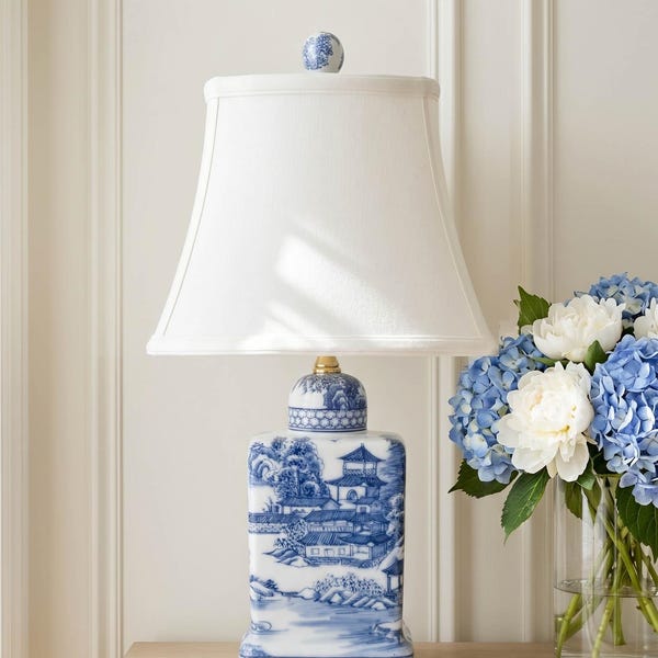 Blue and White Chinoiserie Table Lamp | Porcelain Landscape | Pagoda Scenery | Grandmillennial Bedroom Decor