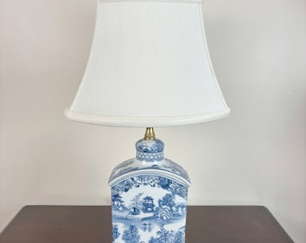 Vintage Style Blue and White Porcelain Table Lamp: Landscape Design