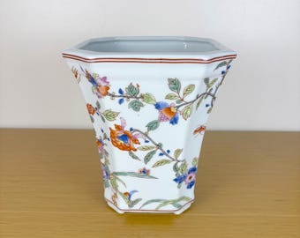 Chinoiserie Porcelain Cachepot: Vintage Floral Bird Planter, Home Decor