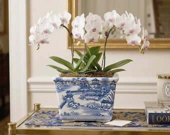 Blue and White Chinoiserie Rectangle Cachepot, Porcelain Pagoda Willow Landscape Decorative Tabletop Vessel