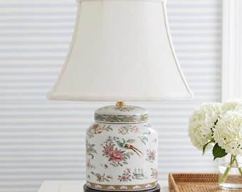 Chinoiserie Porcelain Jar Table Lamp Pink Peony Bird Famille Rose Grandmillennial Cottagecore Nightstand