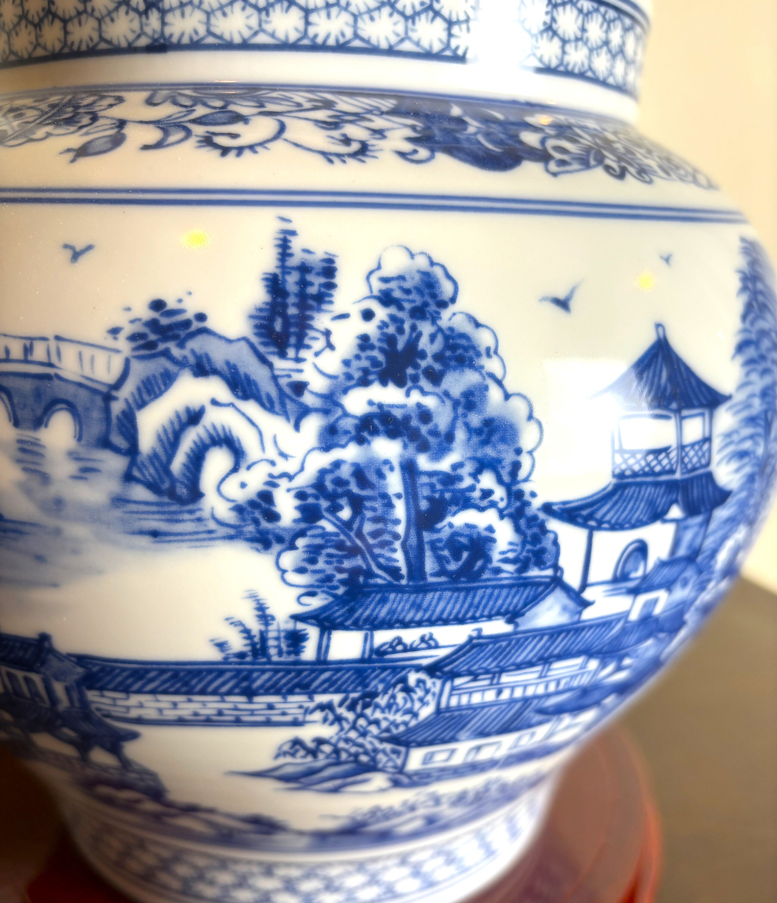 Blue and White Porcelain Chinoiserie Pagoda Landscape Vase