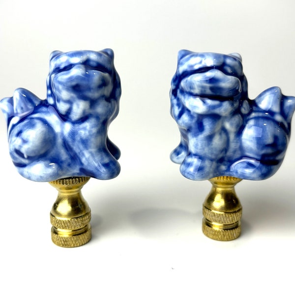 Classic Blue and White Porcelain Foo Dog Lamp Finial Sold as Pair Traditional Elegance