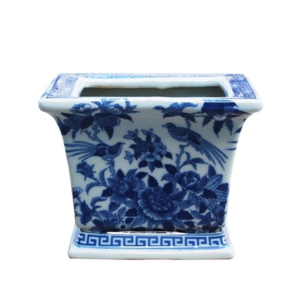 Blue and White Square Porcelain Bird Motif Planter