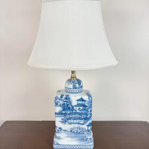 Blue and White Porcelain Table Lamp with Chinoiserie Landscape Pattern and Fabric Shade Vintage Style Bedroom Living Room Decor