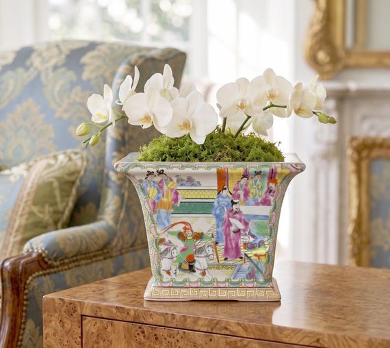 ★asian interior★ ★Glass＆Flower・set Famille Rose Chinoiserie Square Cachepot Planter | Grandmillennial