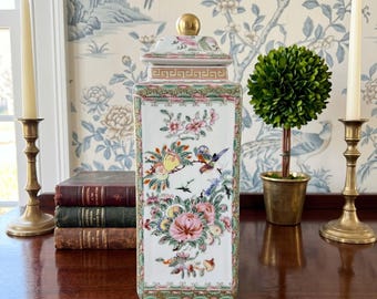 Chinoiserie Famille Rose Porcelain Square Covered Jar Grandmillennial Palm Beach Maximalist Home Decor