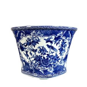 Blue & White Porcelain Cachepot Planter: Vintage Style Floral Bird Motif