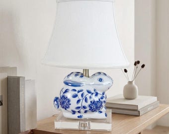 Blue White Rabbit Table Lamp, Chinoiserie Bedside Accent Lamp Decor
