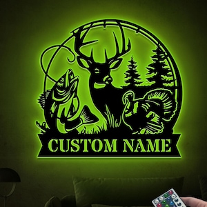Custom Deer Hunting Fishing Metal Sign Led Light, Hunter Wall Art, Deer Turkey Bass Fishing, Cabin Decor, Birthday Christmas Gift for Dad