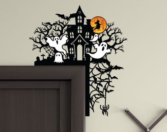 Halloween Door Corner Metal Sign, Haunted Mansion with Ghost Door Topper, Halloween Silhouette, Door Topper, Halloween Decor, Halloween Gift