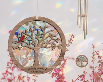 Custom Stained Wind Chime, In Loving Memory Of, Cardinal Bird On Tree, Memorial Suncatcher, Tree Of Life Wind Chime, Sympathy Wind Chime