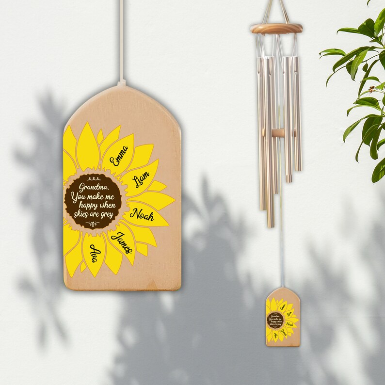 Personalized Sunflower Wind Chimes, You Make Me Happy, Kids Name Sign, Mother's Day Gift, Family Wind Chime, Gift for Grandma, Mom Gift image 3