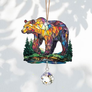 Bear Acrylic Suncatcher Hanging, Wildlife Ornament with Crystal, Bear Ornament, Bear Art, Woodland Bear Window Decor, Nature Decor