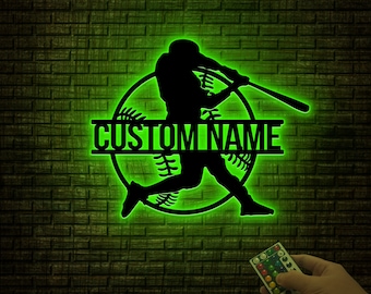 Custom Baseball Sign, Metal Wall With LED Light, Baseball Player Gift, Gift For Kid, Custom Kid Name, Game Room Decor, Wall Hanger