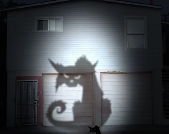 May include: A white house with a garage door and a black cat sitting in front of it. The garage door has a large shadow of a monster on it.